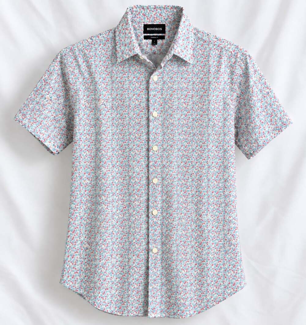 Bonobos Stretch Short Sleeve Button Down Shirt Blue Pink Floral Standard Fit